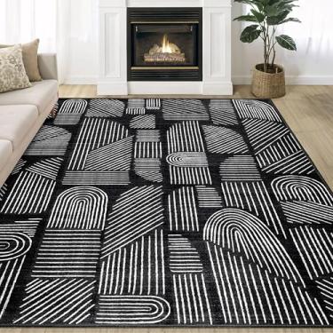 Imagem de MUJOO Tapete lavável de 12 x 18 cm, moderno de meados do século, tapete antiderrapante, tapete preto e branco para sala de estar, quarto, sala de jantar