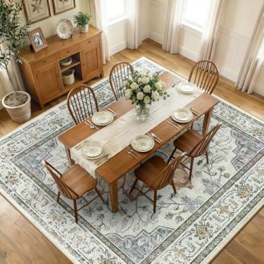 Imagem de RELEANY Tapetes quadrados, 3 metros, lavável, antiderrapante, estampa floral, vintage, tapete medalhão para sala de estar, quarto, sala de jantar, amarelo claro, cinza carbono laranja