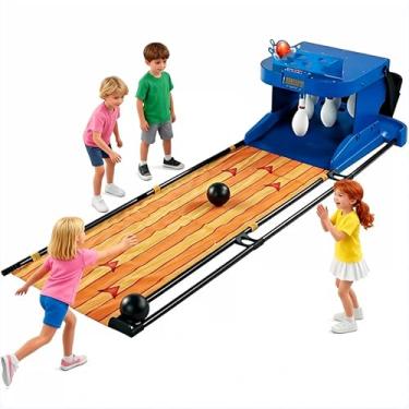 Imagem de Conjunto de boliche eletrônico portátil - Jogo de pista de boliche de 187,5 cm com marcador automático e visor de LED - Configuração fácil para quintal, parque, atividades divertidas em viagens
