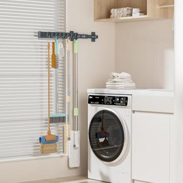 Imagem de PrimZooty Suporte de vassoura removível com gancho deslizante de fileira ajustável, vassoura deslizante multifuncional e armazenamento de esfregão/ganchos de organização de garagem, para armário de