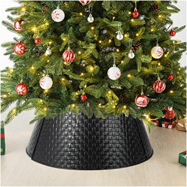 Imagem de glitzhome 66 cm D preto metal tecido árvore colar capa base árvore árvore decorativa anel de árvore de Natal para decoração de Natal