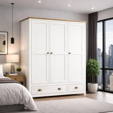 Imagem de Guarda Roupa Madeira Maciça 3 Portas Finestra Branco Marrom - LaCasaMi