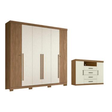 Imagem de Guarda Roupa Casal com Cômoda Qc367 6 Portas de Bater 4 Gavetas Mdf Jatobá-Areia