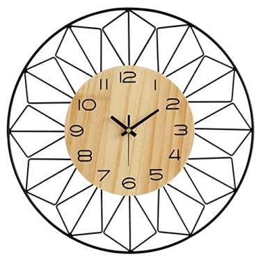 Imagem de Relógio de parede silencioso sem tique-taque - Relógio redondo de madeira de metal vintage operado por bateria de quartzo de 15,7 polegadas para cozinha, sala de estar, quarto, escritório
