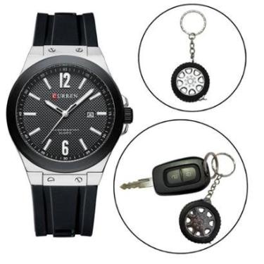 Imagem de Kit Relógio Masculino Original Curren Aço + Chaveiro Roda-Masculino
