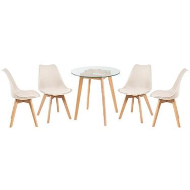 Imagem de Loft7, Kit - Mesa de vidro Leda 70 cm + 4 cadeiras estofadas Leda creme