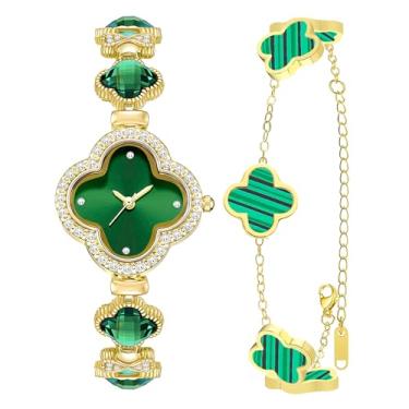 Imagem de SUBANG Conjunto de 2 pulseiras femininas de ouro com trevo da sorte, conjunto de joias, relógio de pulso banhado a ouro 18 K, design de flores, pulseiras de quatro folhas para mulheres, Trevo verde