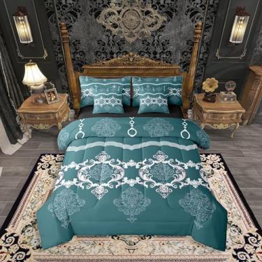 Imagem de Erosebridal Conjunto de edredom barroco damasco azul petróleo, branco, tamanho queen, 7 peças, cama vitoriana gótica em uma bolsa, estilo paisley, para adultos e adolescentes
