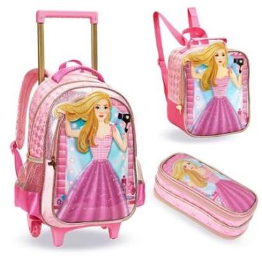Imagem de Kit Mochila Rodinha Princesa Estojo Lancheira Infantil Escolar Barbie Rapunzel Denlex-Feminino