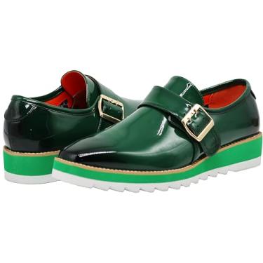 Imagem de Enzo Romeo FREL Sapato social masculino patenteado com fivela e fivela, Verde, 37