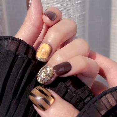 Imagem de Unhas de pressão feitas à mão impressionam unhas postiças ovais amêndoas curtas 3D olho de gato leopardo brilhante guepardo concha de tartaruga manicure unhas falsas artificiais (tamanho G)