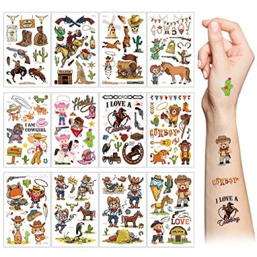 Imagem de Tatuagens temporárias de caubói ocidental, 10 folhas, caubói e cowgirl, cacto, cavalo, vaca, à prova d'água, adesivos falsos para crianças, meninos, meninas, presentes de aniversário, lembrancinhas de
