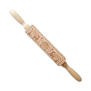 Imagem de Rolo De Massa De Madeira Temático De Natal Com Relevo De Alce, Floco D