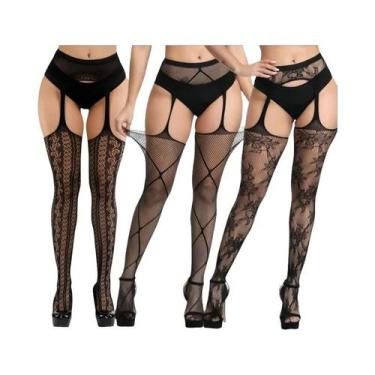 Imagem de Meias-calças Femininas Sensuais De Rede Até a Coxa, 3 Peças, Com Padrã