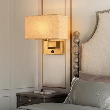 Imagem de Lâmpada de parede LED com interruptor Moderno Minimalista Arandelas de Parede Tela de Tecido Quadrado Iluminação de Parede de Metal para Sala de Estar Quarto Cabeceira Escadaria (Cobre + Bege, Luz