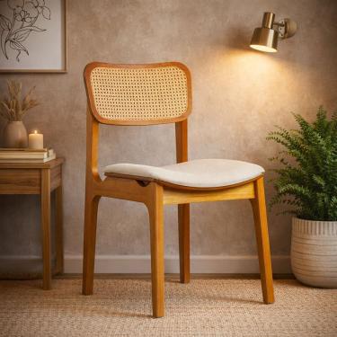 Imagem de Cadeira Sala de Jantar Estofada em Linho e Telinha de Rattan Atenas Nozes