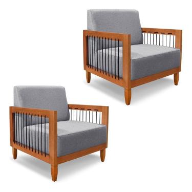 Imagem de Kit 2 Poltronas Decorativa Marilia Linho Grafite Base Em Madeira Castanho - Pallazio