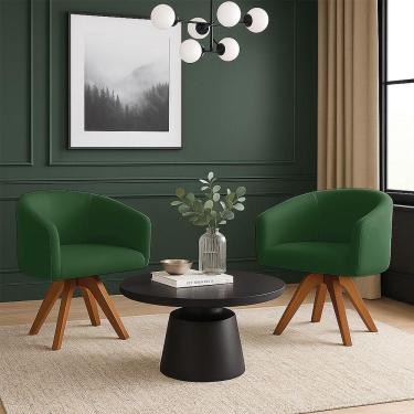 Imagem de Poltrona Sala Base Giratória Madeira Kit 2 Arielle Veludo Verde D03 - D'rossi