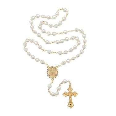 Imagem de Terço Nossa Senhora das Graças contas coração perolado com strass AR62