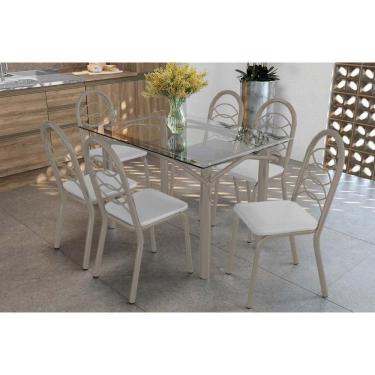 Imagem de Conjunto: Mesa Sala Jantar Elba C- Tampo De Vidro 120cm E 6 Cadeiras Holanda Niquel - Courano Branco - Kappesberg