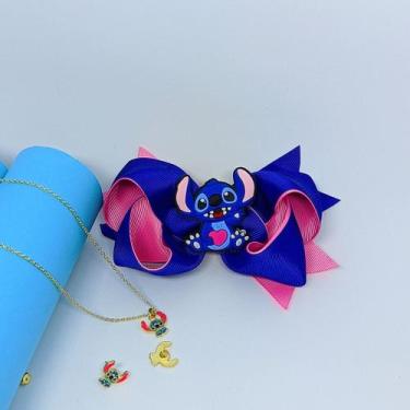 Imagem de Kit Colar Infantil e Brincos Stitch Angel Lilo Folheado + Presilha de 