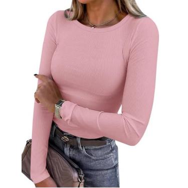 Imagem de Camiseta PRETTYGARDEN de Malha Canelada Manga Longa Rosa XXL Outono 20