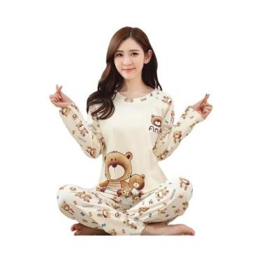 Imagem de Conjunto De Pijamas Femininos De Manga Longa Com Estampa De Urso Fofo,