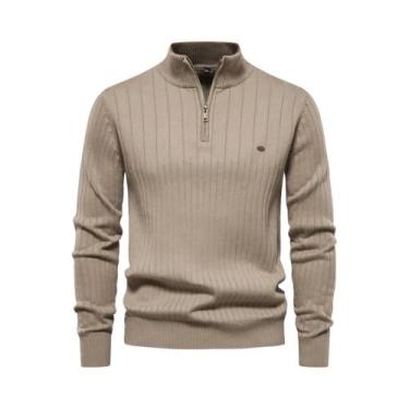 Imagem de Suéter Masculino De Algodão Quente Com Zíper, Gola Alta, Tricotado, Al