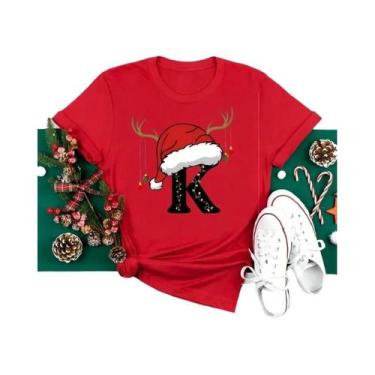 Imagem de Camiseta Feminina Vermelha De Natal Com Alfabeto, Estilo Casual, Manga