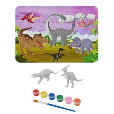 Imagem de Kit Pintura com Quebra-Cabeça 24 Peças Dinossauros - DM Toys