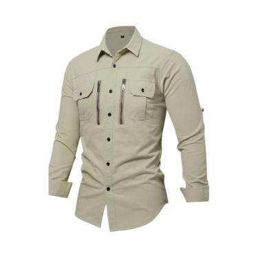 Imagem de Camisa De Trabalho Masculina 100% Algodão De Manga Longa Com Zíper, Ca