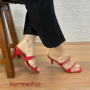 Imagem de Sandália Feminina Salto Fino Baixo com Tiras e Aplicações de Pedrarias