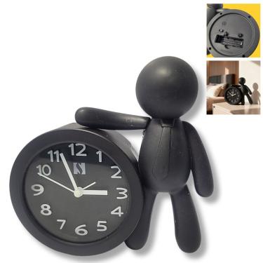 Imagem de Relógio de Mesa Decorativo Boneco Analógico Mostrador Redondo 17cm Preto Az Design
