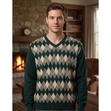 Imagem de Blusa Tricot Masculina Losangos V - Giuliana Marques Tricot, Verde, G