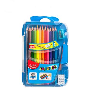Imagem de 15 conjuntos de lápis de cor com caixa de armazenamento azul, lápis de cor pintados à mão