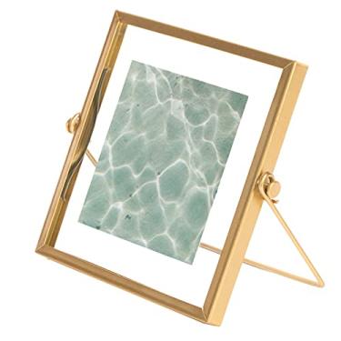 Imagem de Porta-retrato quadrado flutuante de metal moderno com tampa de vidro e suporte de cavalete, dourado 4 x 4