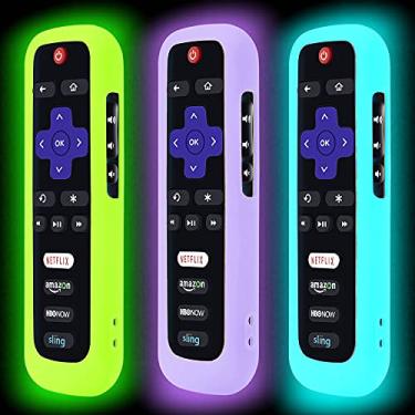 Imagem de Pacote com 3 capas de controle remoto para Roku, capa de bateria para controle remoto TCL Roku Smart TV, controle remoto Roku TV, capa protetora de silicone, capa universal, brilho no escuro, verde, roxo, azul