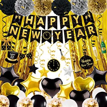 Imagem de Joy Bang 78PCS Happy New Years Decorations 2026, New Years Eve Party Supplies 2026 - Banner Balloons Hanging Swirls Curtains, Black and Gold Party Decorations for Wall Home Office Classroom Indoor