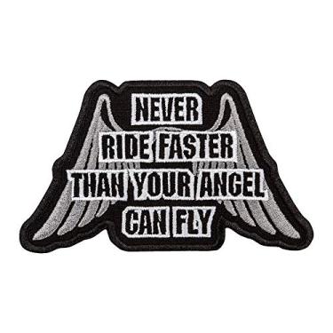 Imagem de EMBROVERSE Embroidered Motorcycle Jacket Patch, Never Ride Faster Than Your Angel Can Fly, Sew or Iron On for Backpacks, Saddlebags, Hats, Pants, and Riding Gear, 4.4 x 2.6 inches