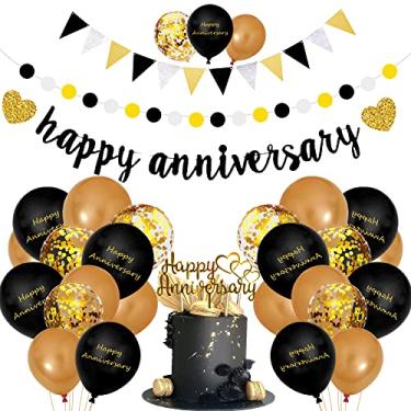 Imagem de Decorações de Feliz Aniversário, Conjunto de Decorações de Aniversário de Casamento Preto Glitter Dourado com Faixa, Topo de Bolo, Glitter Pendurado e Balões para Decorações de Festa de Aniversário de Todas as Idades