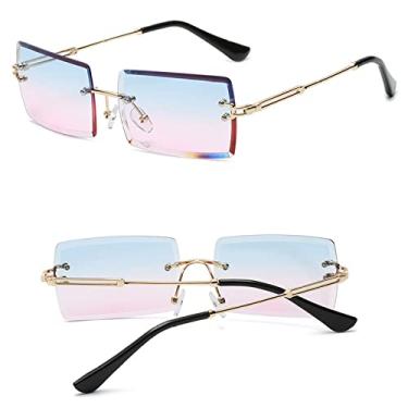 Imagem de Óculos de sol sem aro quadrado pequeno luxo tendência vintage óculos de sol para mulheres/homens estilo metal gradiente sombra retangular, C6 ouro azul rosa, tamanho único