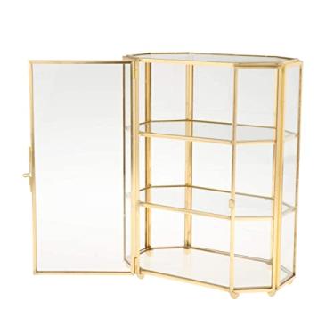 Imagem de Caixa de jóias vintage de vidro, Suporte de exibição de anel de jóias, 3-Tier Home Decorative Box, Golden Vintage Glass Jewelry Box Display Case Organizer