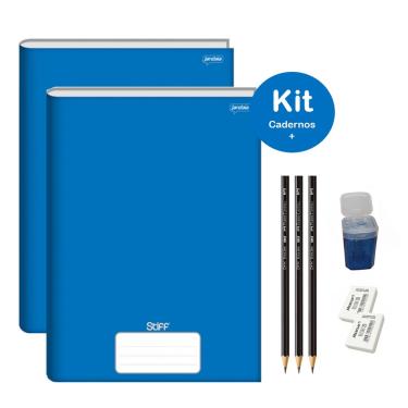 Imagem de Caderno Brochurão Azul Capa Dura 96 folhas Kit 2un Stiff Jandaia + Kit Escolar Lápis Faber Borracha Apontador 8 itens