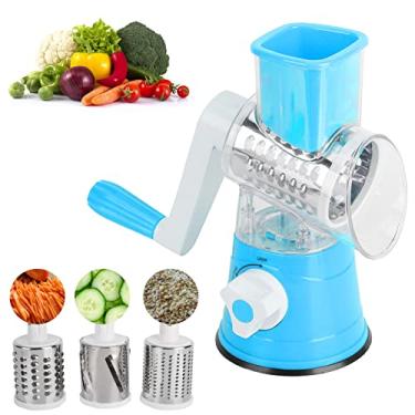 Imagem de Cortador de legumes de manivela,ralador de frutas rotativo, triturador, acess¨®rio de cozinha para casa, cortador de legumes de cozinha multifuncional com 3 laminas intercambi¨¢veis(Blue), cortado