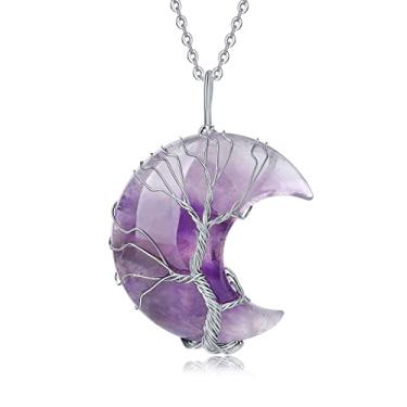 Imagem de XIANNVXI Colares femininos com pingente de lua crescente, árvore da vida, colar de cristal envolto em arame, joia de quartzo de pedra preciosa natural para mulheres e homens, Cristal, Sem Pedra