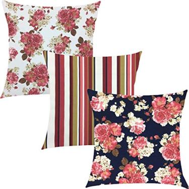 Imagem de Kit 3 Capas de Almofadas Composê Imperial Rosas com Listrado 45x45cm