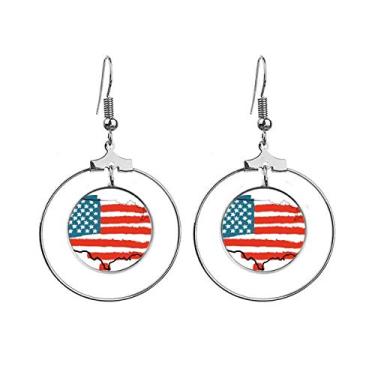 Imagem de Brincos de argola pendentes com mapa da bandeira dos Estados Unidos com estrelas e listras