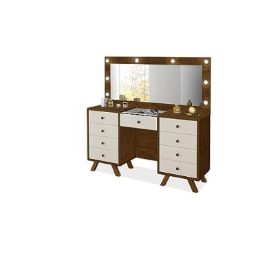 Imagem de Penteadeira Camarim Mila 9 gavetas led espelho pés de madeira Malbec/Off White