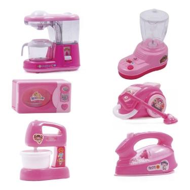 Imagem de Kit Cozinha Infantil e Eletrodoméstico De Brinquedo Luz E Som Microondas Liquidificador Batedeira Mini Rosa 6 peças                                   