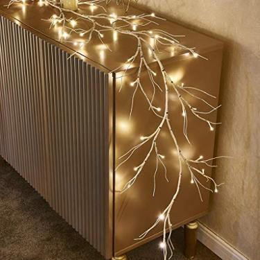 Imagem de Fudios Guirlanda de bétula iluminada operada por bateria com 8 funções, 48 luzes LED brancas quentes e multicoloridas, 1,8 m, guirlanda de videira branca pré-iluminada para lareira manto de Natal